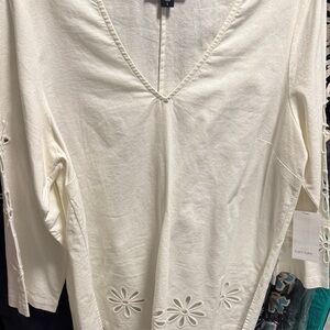 Karen Kane Cream V-Neck Blouse with Floral Cutouts